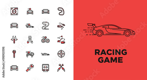 Racing game icons set with sports car design elements in line art style