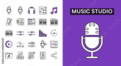 Set of music studio equipment and audio production line icons