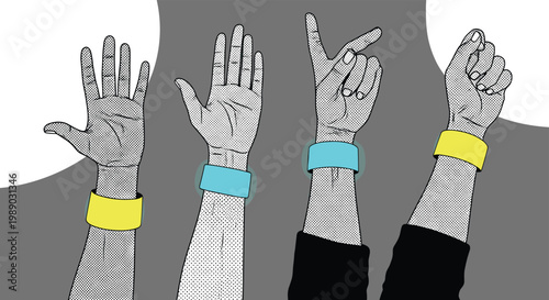 Four hands raised in the air wearing glowing neon cyan and yellow wristbands at a loud music concert or festive party.