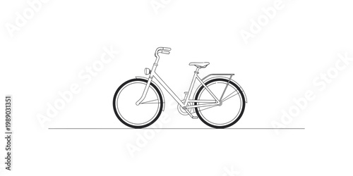 A minimalist black and white line drawing of a classic city bicycle standing on a flat surface Vector, illustration