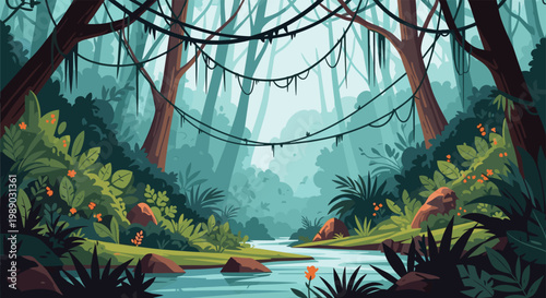 Beautiful lush green tropical jungle landscape with a calm river flowing through dense wild vegetation and vines.