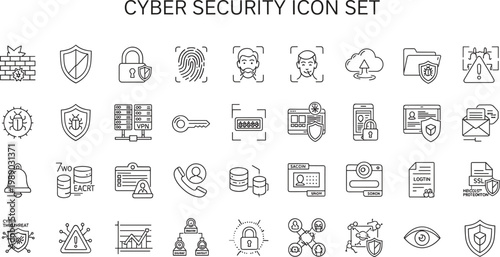 Cyber security protection outline icon set encryption authentication firewall malware detection identity verification privacy secure access network defense monitoring vector collection