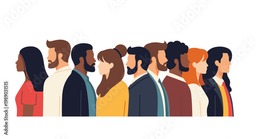 Profile view of a diverse group of men and women of different ethnicities standing together in a long straight row.