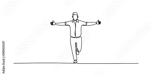 A single continuous line drawing of a happy man standing with his arms wide open in celebration. Vector, illustration