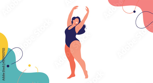 Confident and happy plus size woman in a dark blue swimsuit posing with her arms raised on a plain white background.