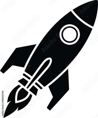 black and white illustration of a rocket ship blasting off into space for business and technology concepts