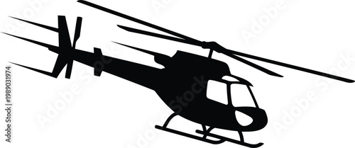 black helicopter silhouette flying with motion lines isolated on white background