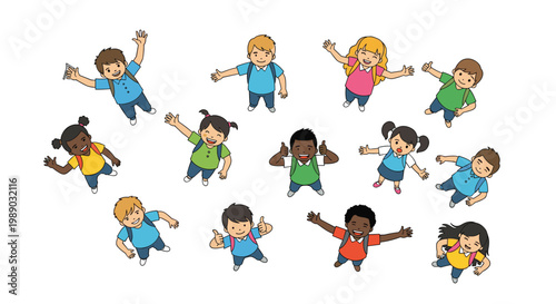 Overhead view of diverse school children wearing backpacks and waving upwards with happy expressions in a cartoon.