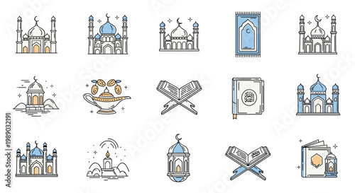 Collection of islamic religious icons including mosques the quran prayer rugs and lanterns for ramadan celebration.