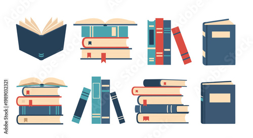 Various stacks and rows of hardback and paperback books illustrated in a clean and flat vector style on white.