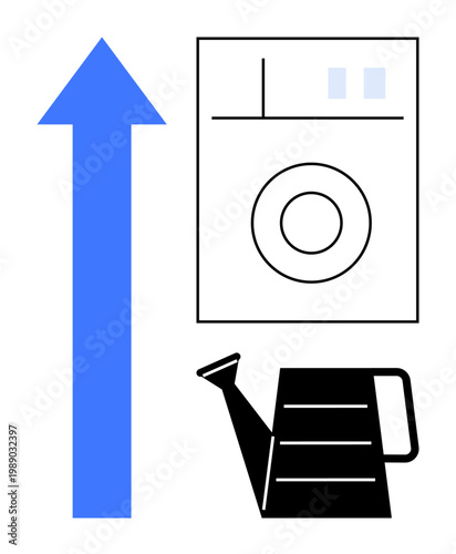 Growth, progress, household tasks, water utilization, sustainability, home efficiency. Blue arrow pointing upward, washing machine and watering can. Growth and household tasks concept
