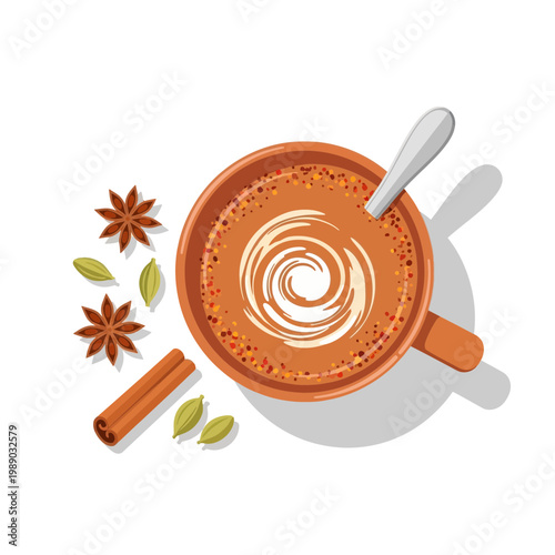 Cozy Chai Latte with Spices, Top View Illustration