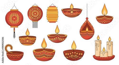 Set of traditional Indian oil lamps and hanging lanterns with ornate patterns used for festive Diwali celebrations.