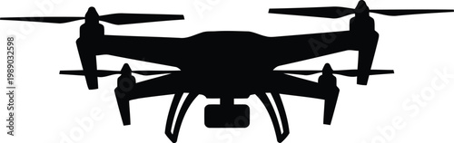 Black silhouette of a quadcopter drone with four rotors on white background