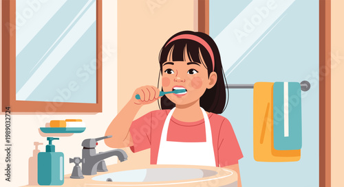 Young girl with dark hair brushing her teeth in front of a mirror to promote good hygiene habits for children.