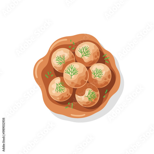 Delicious Meatballs with Dill Garnish in Brown Bowl, Top View