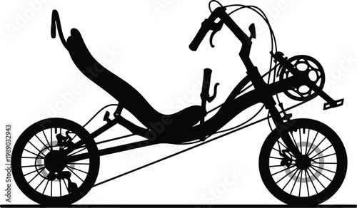 Recumbent trike bicycle silhouette, side view, black, isolated on white background, for fitness and cycling concepts