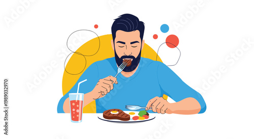 Man with a beard sitting at a table eating a steak with vegetables and a drink in a modern flat illustration.