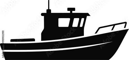 black silhouette of a small fishing boat with cabin and railing