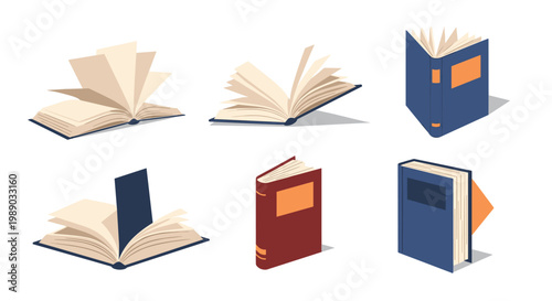 Set of open and closed books in various positions and colors provides a versatile resource for library-themed art.