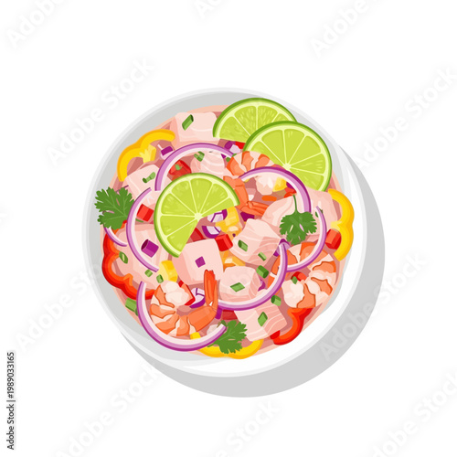 Fresh Ceviche Dish with Shrimp, Fish, Lime, Onion, and Pepper