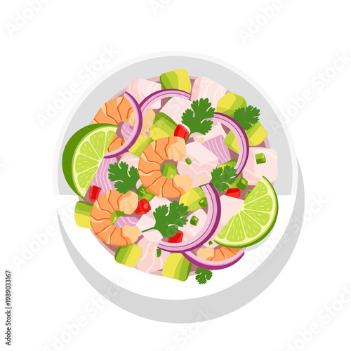 Fresh Ceviche Dish with Shrimp, Fish, Avocado, Lime, and Red Onion