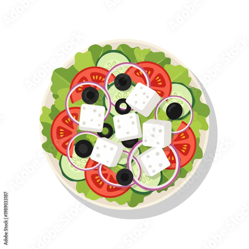 Fresh Greek Salad Top View - Healthy Food Illustration