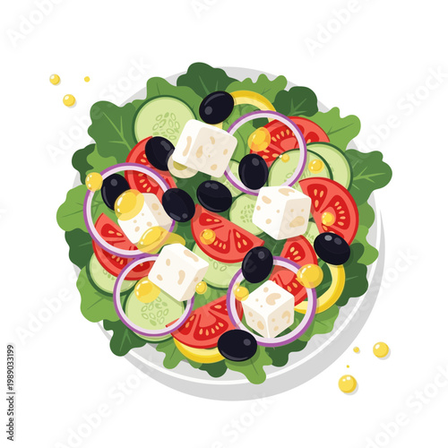 Fresh Greek Salad with Feta Cheese, Olives, Cucumber, Tomato, and Onion