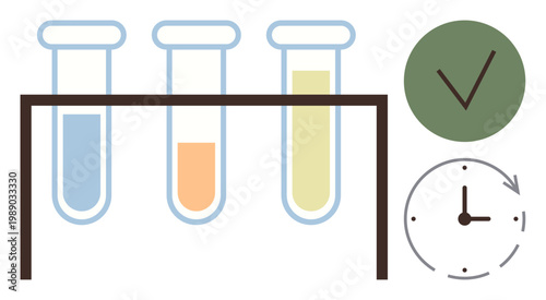 Science experiments, laboratory research, testing procedures, productivity, time management, medical studies. Test tubes in a rack with a checkmark and clock illustration. Laboratory research