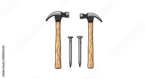 Two identical hammers with wooden handles and steel heads are placed symmetrically beside two long metal nails on white.