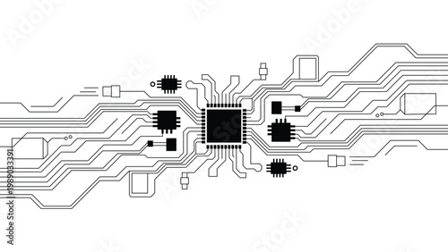 Central microchip with complex circuit board pathways, futuristic technology concept, clean vector illustration