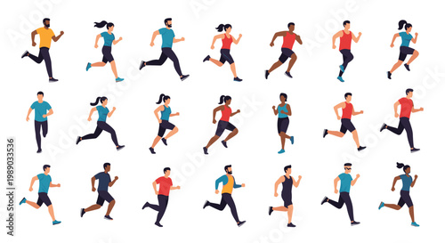 Large grid shows diverse people of different ages and backgrounds in various running and jogging poses for fitness.