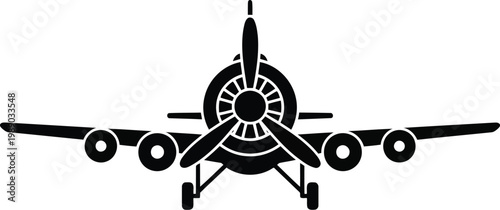 black silhouette of a plane with propeller on white background