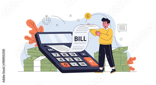 Illustration depicts a man using a large calculator to manage his bills next to stacks of paper money and cash.