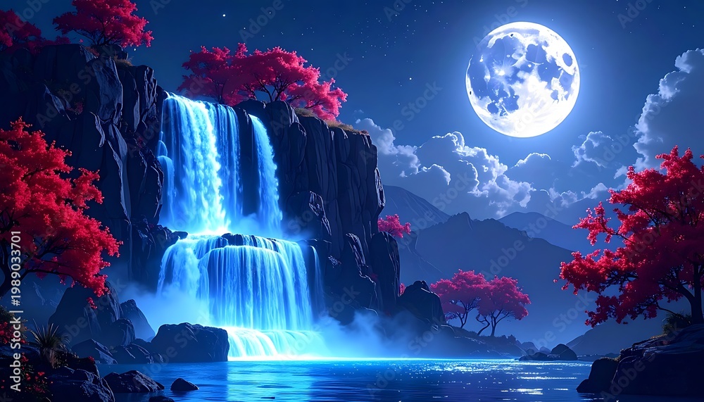 Obraz premium A serene nighttime landscape with a glowing waterfall