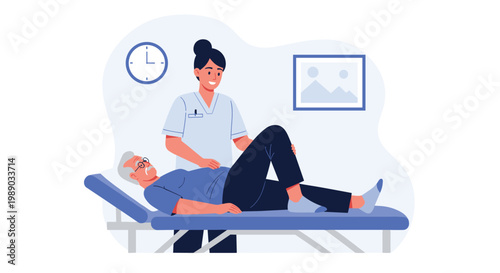 Physical therapist helps a senior male patient with leg exercises on a treatment table in a modern medical clinic.