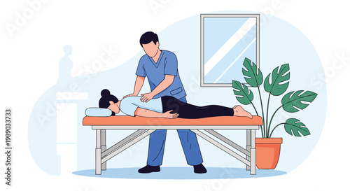 Professional male therapist performs a back massage on a client lying on a treatment table in a relaxing setting.