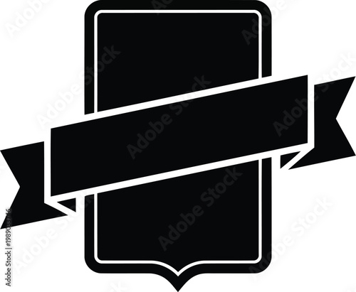 Black and white label icon with ribbon banner for logo or branding purposes