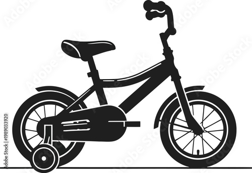 Black and white illustration of a kids bicycle with stabilizers