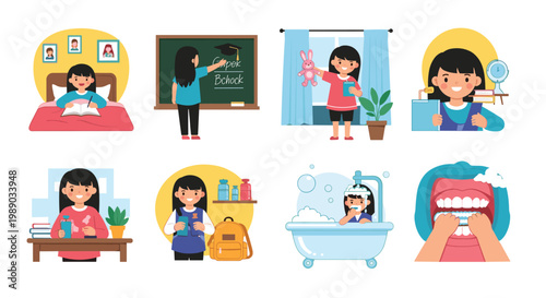 Detailed set of daily routine illustrations shows a young girl waking up, going to school, and practicing good hygiene.