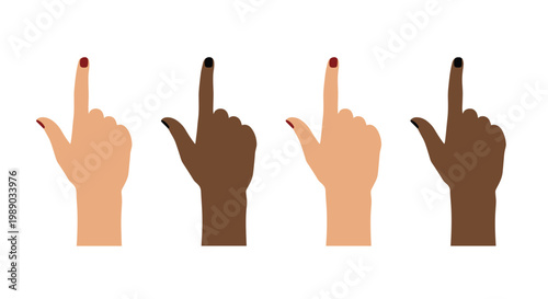 Multiple hands with diverse skin tones pointing upwards with index fingers and wearing different nail polish colors.
