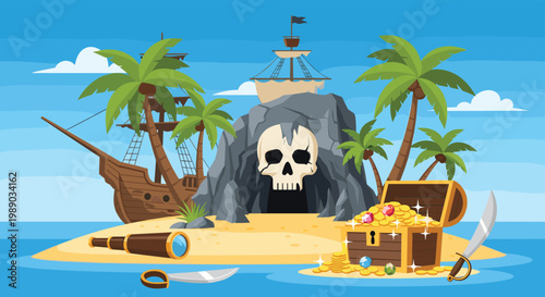Tropical pirate island featuring a skull shaped cave entrance, a treasure chest full of gold coins, and a ship.