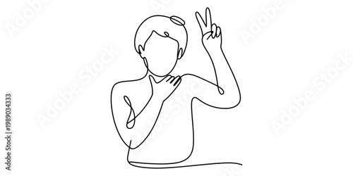 Minimalist one line art drawing of a person making a peace sign gesture with their raised hand Vector, illustration