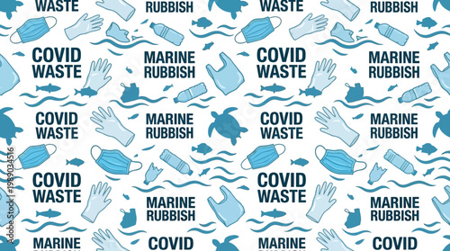 Vector Covid Coronavirus Waste Seamless Pattern. Plastic pollution on white background. Environmental issue or ecology problem of marine rubbish, latex gloves, face masks in sea illustration
