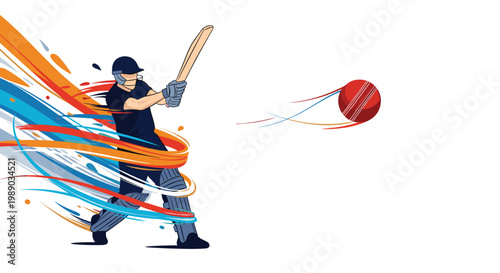 Dynamic illustration of a cricket batsman hitting a red ball with vibrant colorful trails on a white background.