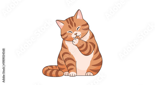Cute orange tabby cat sitting peacefully and licking its paw in a charming cartoon style on a white background.