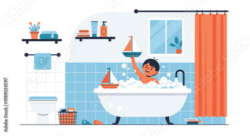 Young boy playing with toy boats in a bathtub full of white soap bubbles in a clean and very organized bathroom.