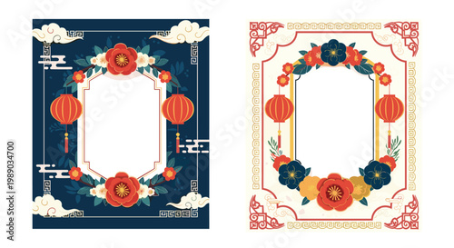 Two ornate Chinese style floral frames with red lanterns, clouds, and traditional patterns on dark and light backgrounds.