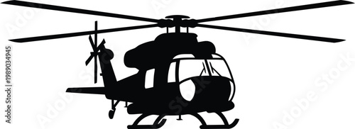 black helicopter silhouette with rotor blades on white background