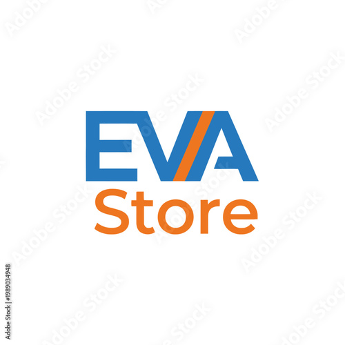 EVA Store Logo Design with Blue and Orange Text.